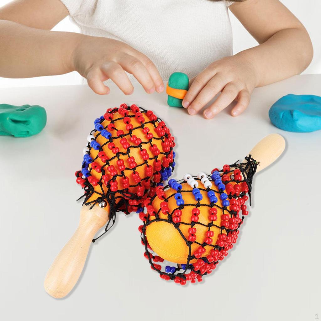2x Wood Maracas Hand Percussion Bead Net DIY Portable Sand Hammers Musical Instrument for Game