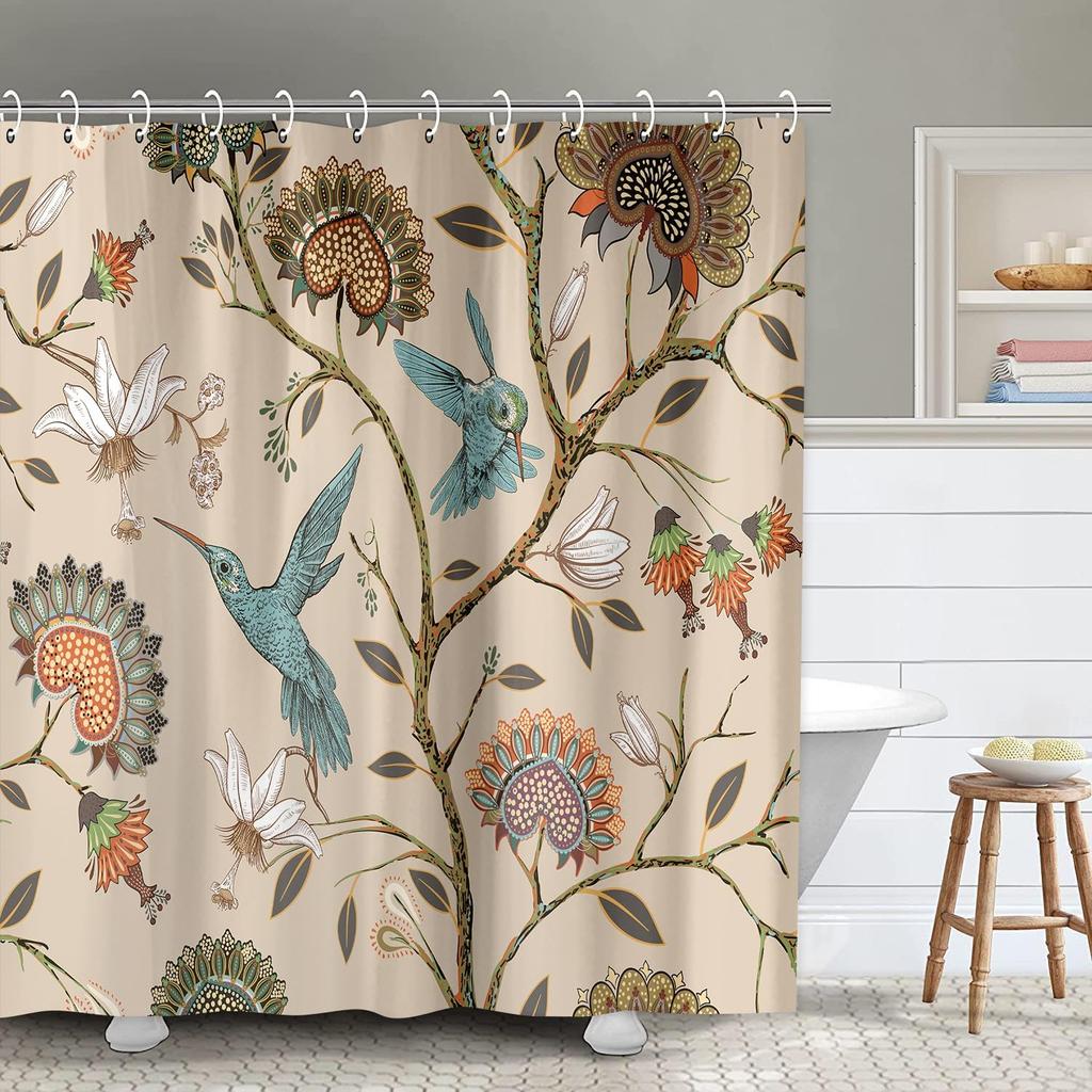 Boho Blumen Duschvorhang, Frühling Einzigartig Vintage Braun Pflanze und Vogel Türkis Kolibri, Polyester Stoff Badezimmer Dekor Set mit