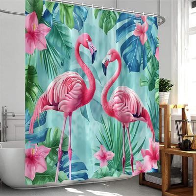 Tropical Pink Flamingo Shower Curtains Watercolor Flamingos Green Leafves Plant Polyester Fabric Bath Curtain Bathroom Decor Set