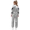 Mädchen Tanzjacke Mode Kontrastfarbe Langarm Stehkragen Metallischer Reißverschluss mit glänzendem Hosen-Set