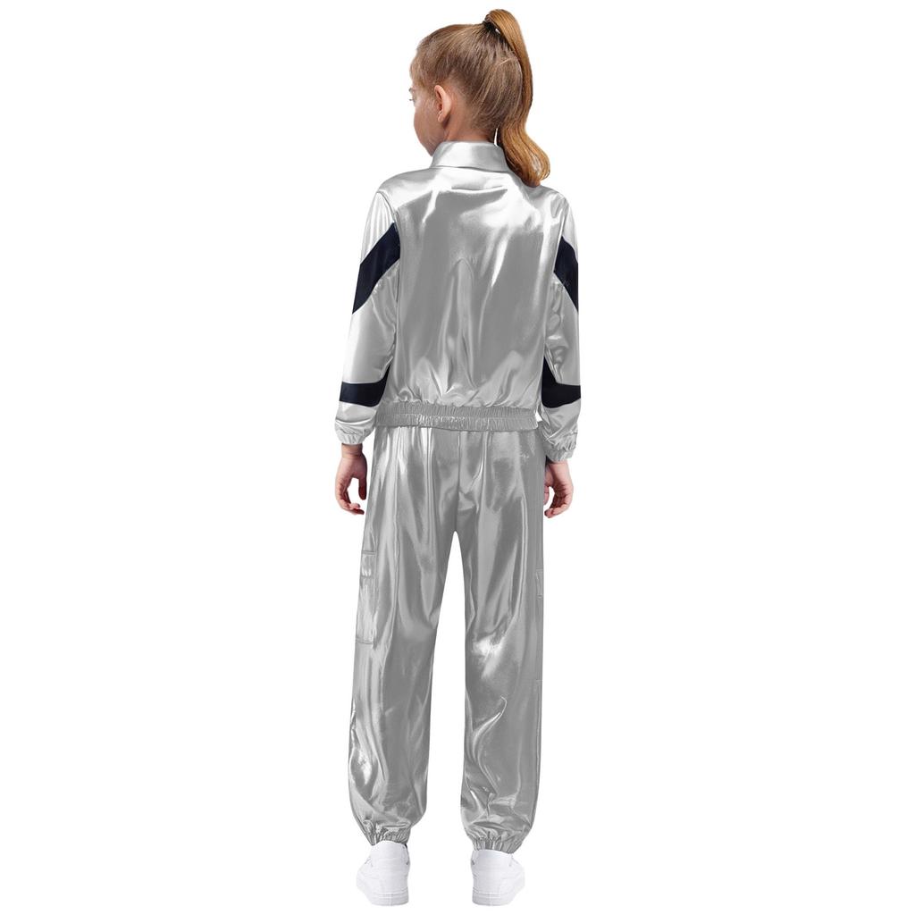 Mädchen Tanzjacke Mode Kontrastfarbe Langarm Stehkragen Metallischer Reißverschluss mit glänzendem Hosen-Set