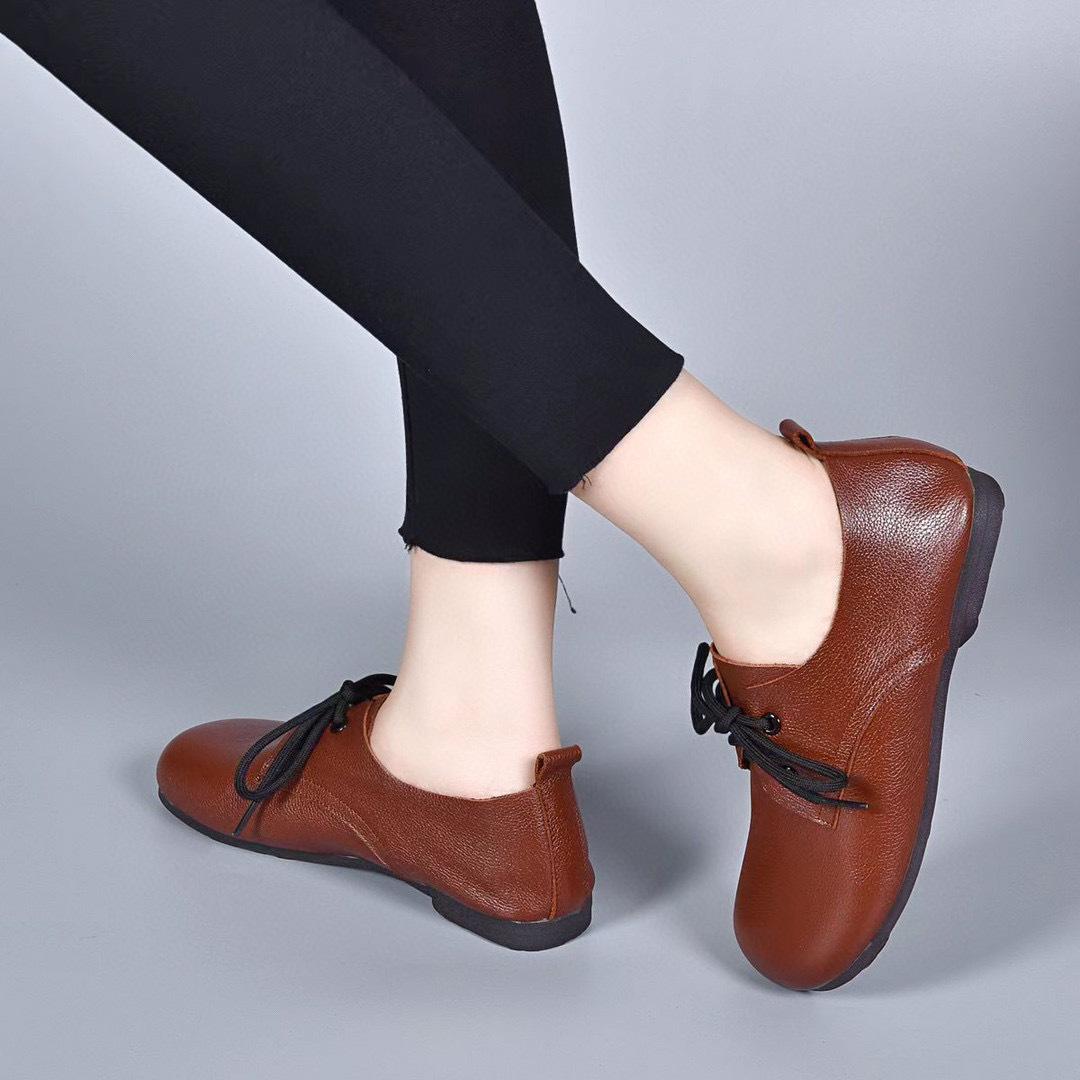 

Женские туфли на плоской подошве с круглым носком, осенние новые из первого слоя коровьей кожи, на шнуровке, с мягкой подошвой и мягким верхом, повседневные, ленивые туфли 41