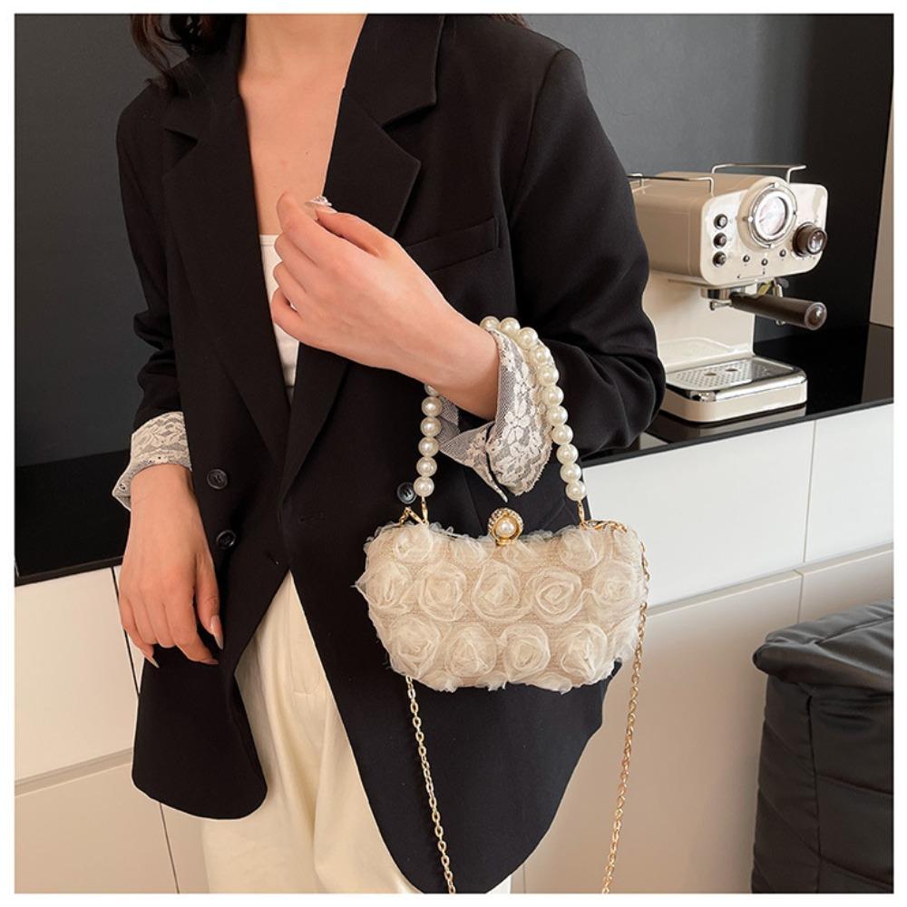New Lace Flower Evening Bag Pearl Chain Clip Shell Bag Women Crossbody Bag