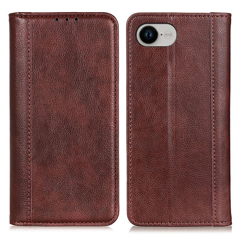 

For iPhone 16e Stand Case Split Leather Litchi Texture Wallet Phone Cover Brown