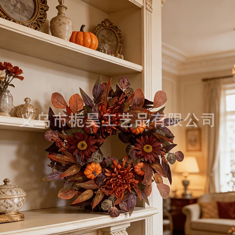 Harvest Wreath With Artificial Maple Leaves Thanksgiving Fall Decor Outdoor Hanging Ornament 60cm