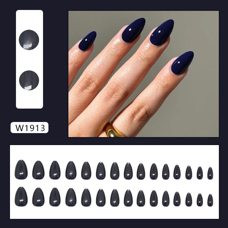 Simple deep sea blue temperament white short almond nail European and American ins style nail art press on nails