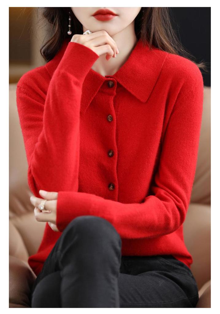Women's Long Sleeve Pure Wool Knit Cardigan with Polo Collar - Autumn/Winter Edition