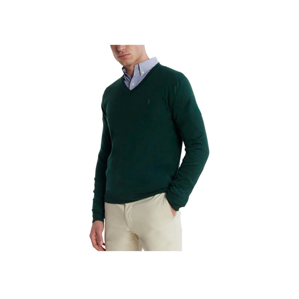 Polo Ralph Lauren FW23 Solid Logo Embroidered V-Neck Pullover Long Sleeve Sweater Men Sweater Dark-Green 710883124-012