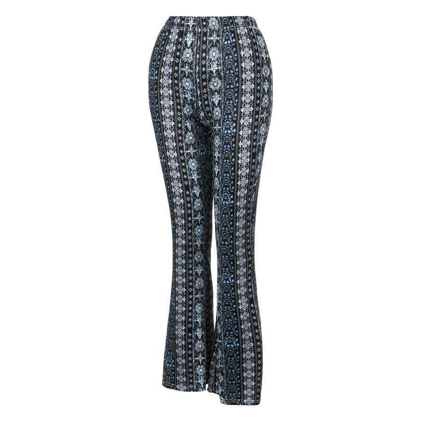 Boho Summer Women's Stretch Bell Bottom Trousers Slim Printed Flared Pants High Waist Long Pants