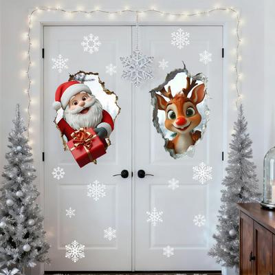 Christmas Wall Sticker Realistic Self-Adhesive Santa Wall Decal 3D Visual Effect Cartoon Elk Sticker for Walls Home Living Room Playroom Decor