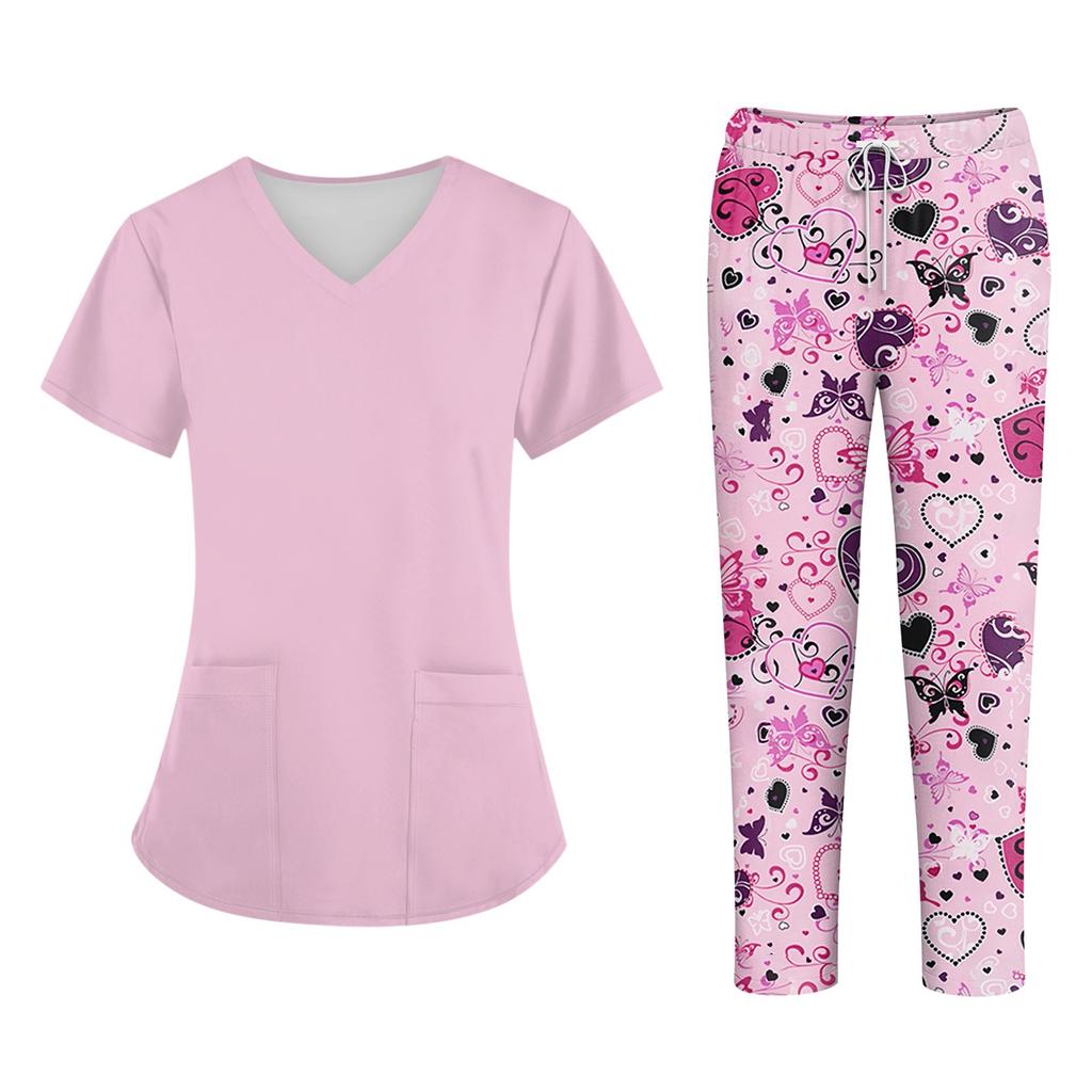 Bedruckte Oberteile für die Arbeitsuniform in Übergröße für Damen, V-Ausschnitt, Halloween-Aufdruck, kurzärmliges Fun-T-Shirt, Workwear-T-Shirt mit Taschen