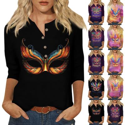 Women's Fashion Casual Button 3/4 Sleeve Carnival Printed  Neck Top
