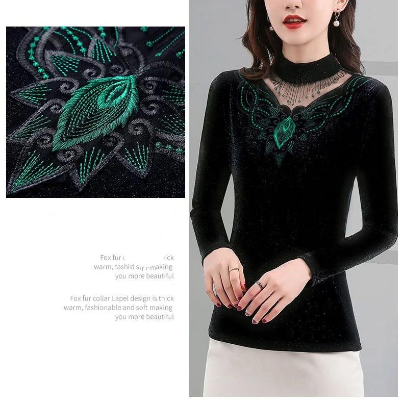 Toamnă Iarnă Tricouri noi din dantelă Cămașă cu jumătate de guler înalt pentru femei Pulovere cu mânecă lungă Top M-5XL