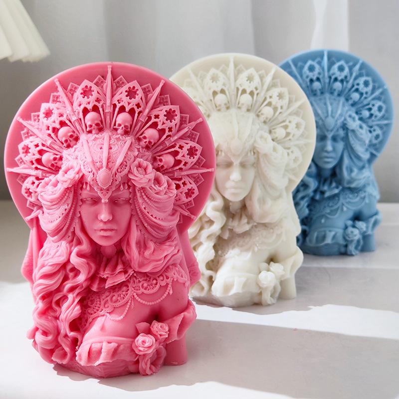DIY Half Body Skull Head Queen Candle Silicone Mold Curly Hair Goddess Woman Resin Silicone Mold European Goddess Gypsum Mold
