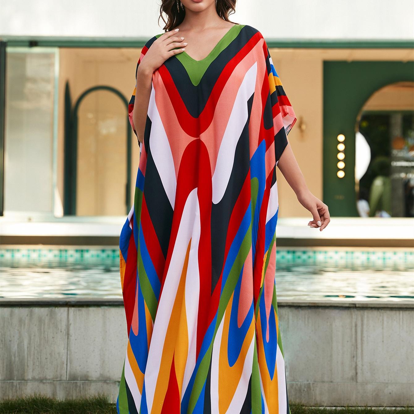 

YYFS женская мода отпуск лето весна геометрические узоры принт рукав 1/2 v-образный вырез повседневные платья One Size разноцветный