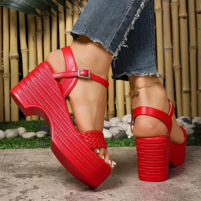 Red Ankle Strap Chunky Platform Sandals for Women Fashion Woven Wedge Heel Sandals Woman Summer 2025 Thick Sole Sandalias Mujer