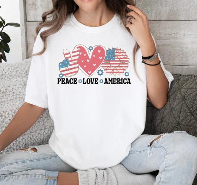 

New T-Shirt Peace Love America Shirt - American Flag Shirt - Fourth of July Shir 2XL
