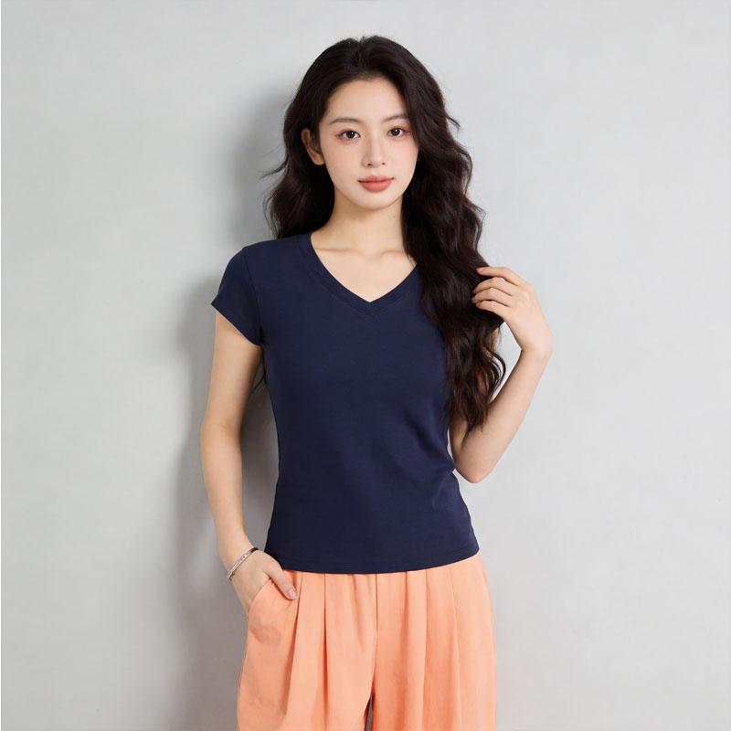 V-Ausschnitt T-Shirt kurzärmelig figurbetontes Oberteil Sport-T-Shirt Damen Sommer vielseitiges T-Shirt