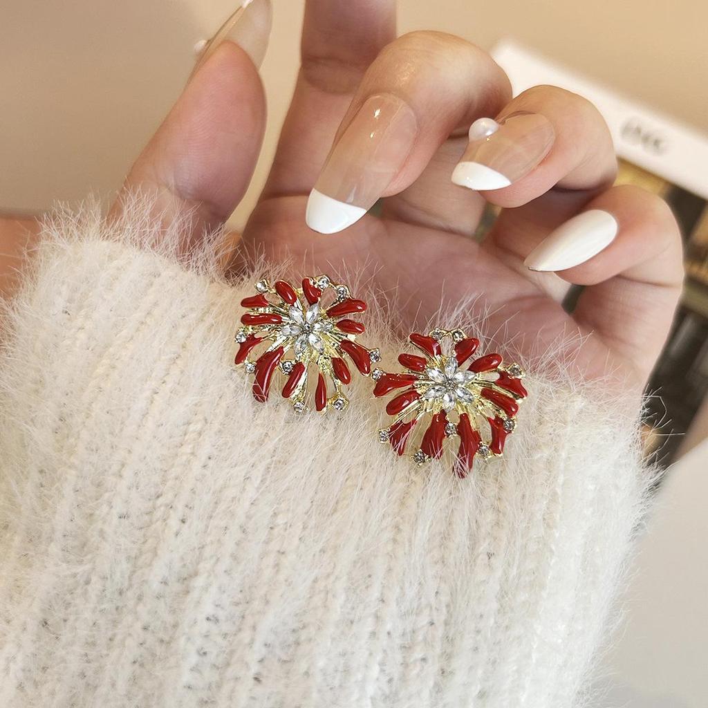 Ankara Red Festive Rhinestone Fireworks Stud Earrings in 925 Sterling Silver