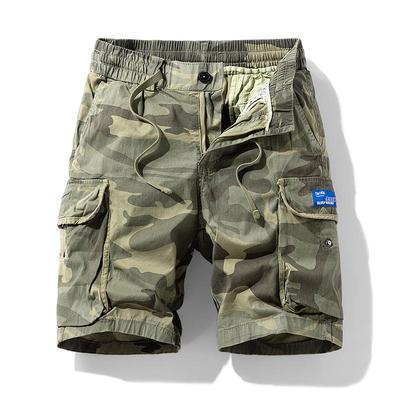 Men's Summer Camouflage Multi-Pocket Cargo Shorts, Elastic Waist, Straight Leg, Pure Cotton Mid-Length.