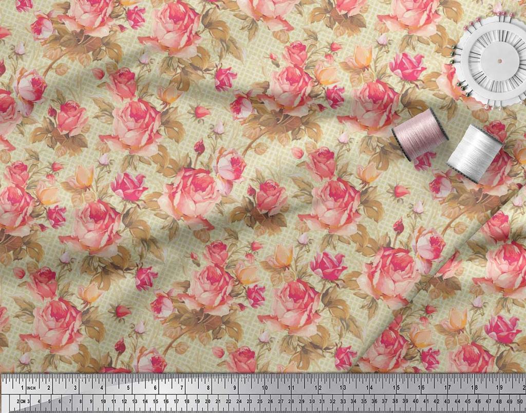 Soimoi Japan Crepe Satin Stoff Sjekk, Blader & Rose Blomstertrykk Sy Stoff meter 42 tommer