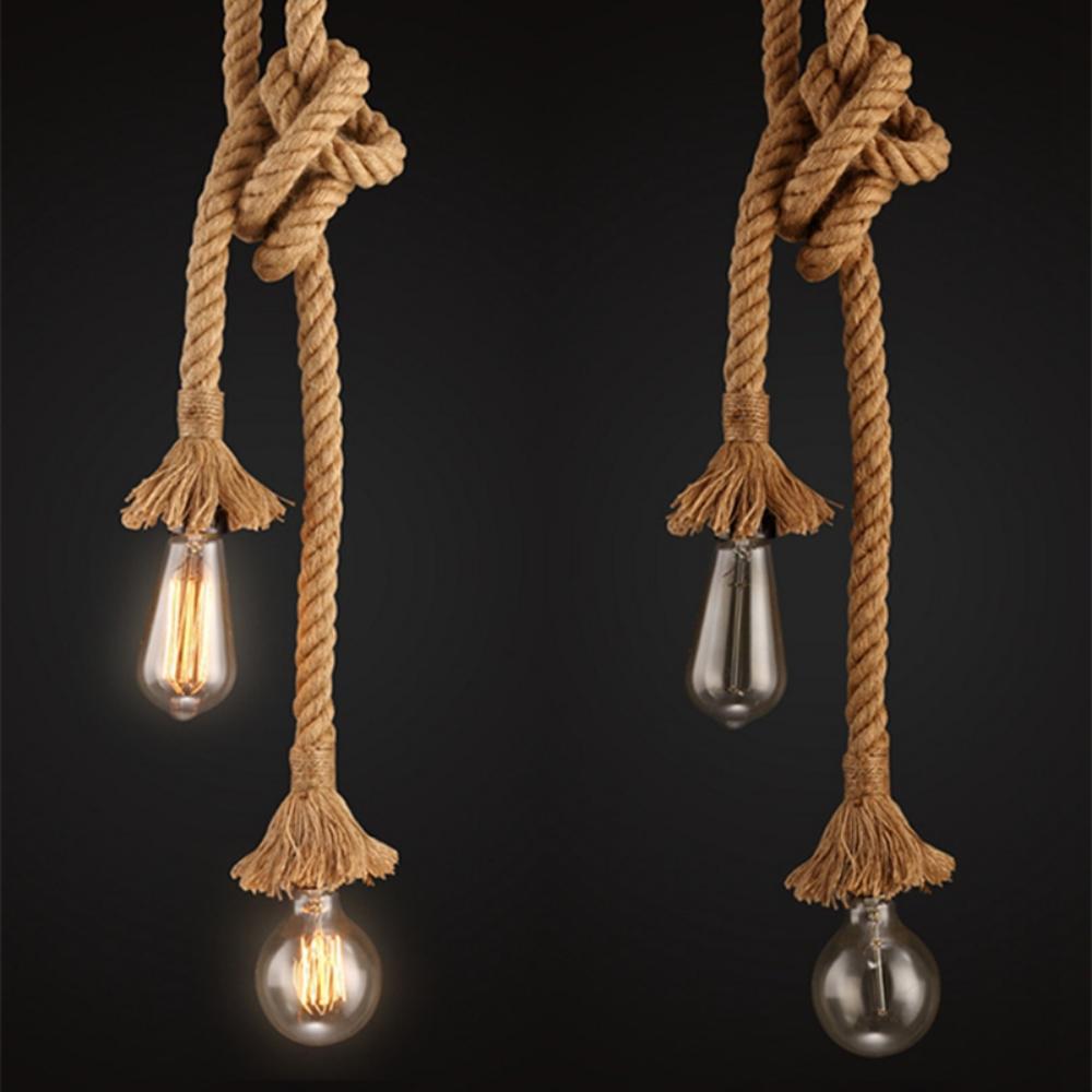 Vintage 1/2/3/4m długa lina konopna Retro Loft pojedyncza głowica podwójne głowice przemysłowe światło wiszące lampa wisząca lampa Edison