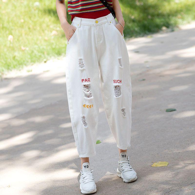 

Весна/лето Женские рваные джинсы Вышитые свободные джинсовые шаровары Брюки-шаровары с высокой талией до щиколотки S белый