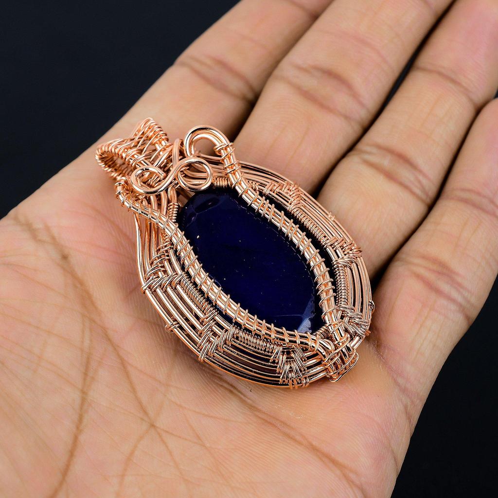 Blue Sapphire Pendant, Handmade Gemstone Pendant, 999 Copper Wire Wrapped Pendant Antique Jewelry, For Engagement Gift