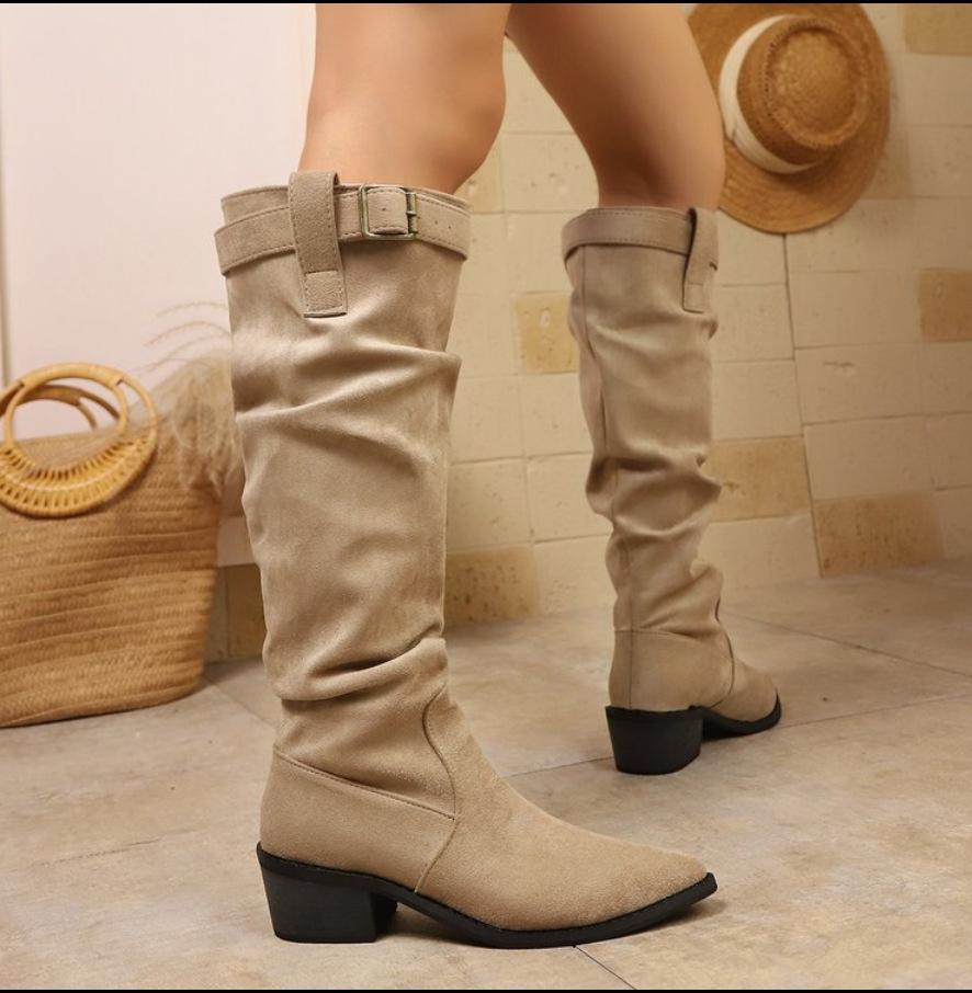 Large Size High Heel Boots Women's Autumn and Winter Pointed Thick Heel Skinny Pile Boots But Knee Boots