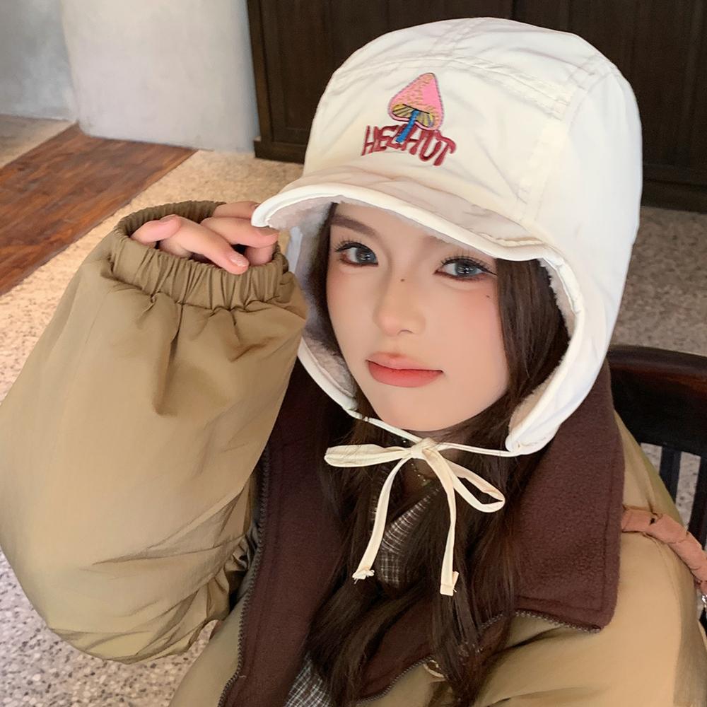 New Pilot Style Hat Fashioh Winter Cap Mushroom Embroidery Warm Bomber Hat Caps For Women Solid Color Girl Hats
