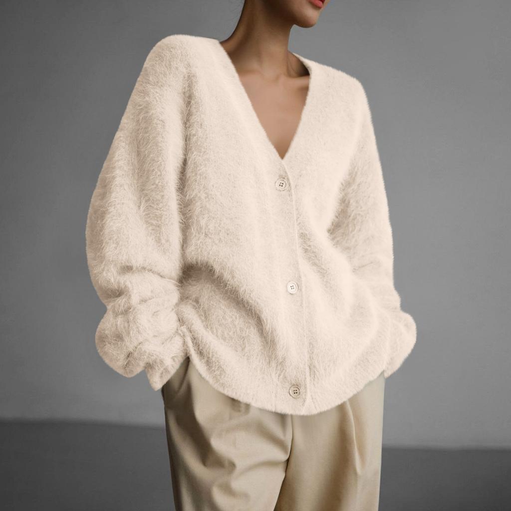 Cárdigans Shaggy Oversize para Mujer Moda Otoño Cárdigans de Punto de Manga Larga con Botones de Frente Abierto