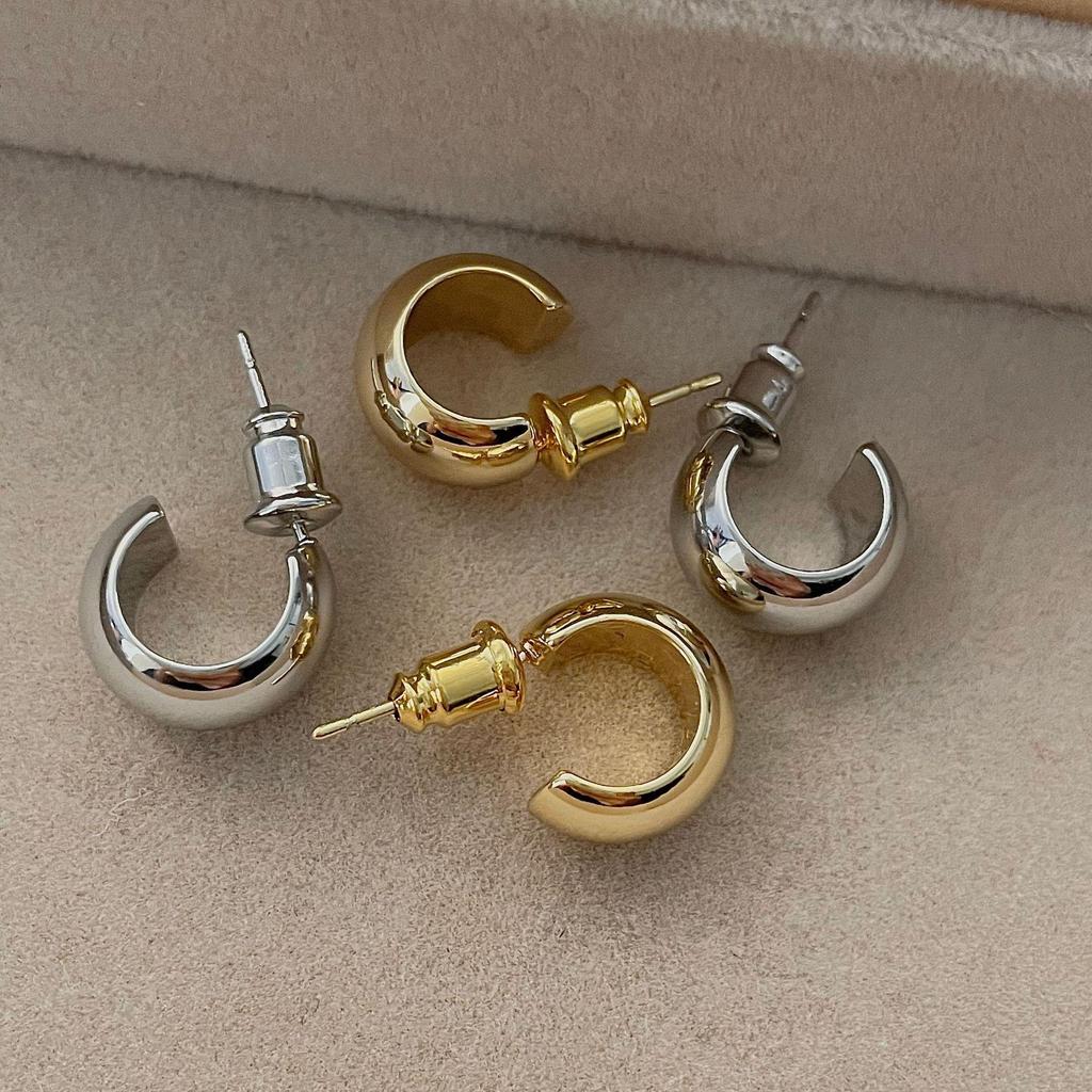 14K Gold-Plated Petite C-Shaped Bean Stud Earrings with S925 Silver Post, Niche Design