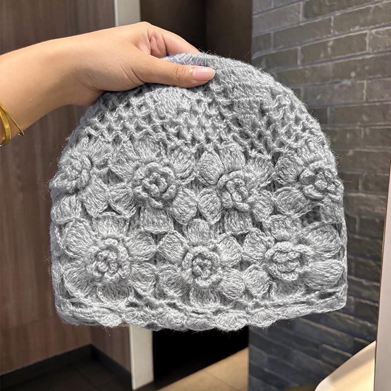 Versatile Handmade Crochet Hat Women's Spring and Autumn New Knitted Wool Hat Big Head Circumference Hollow Bag Head Hat