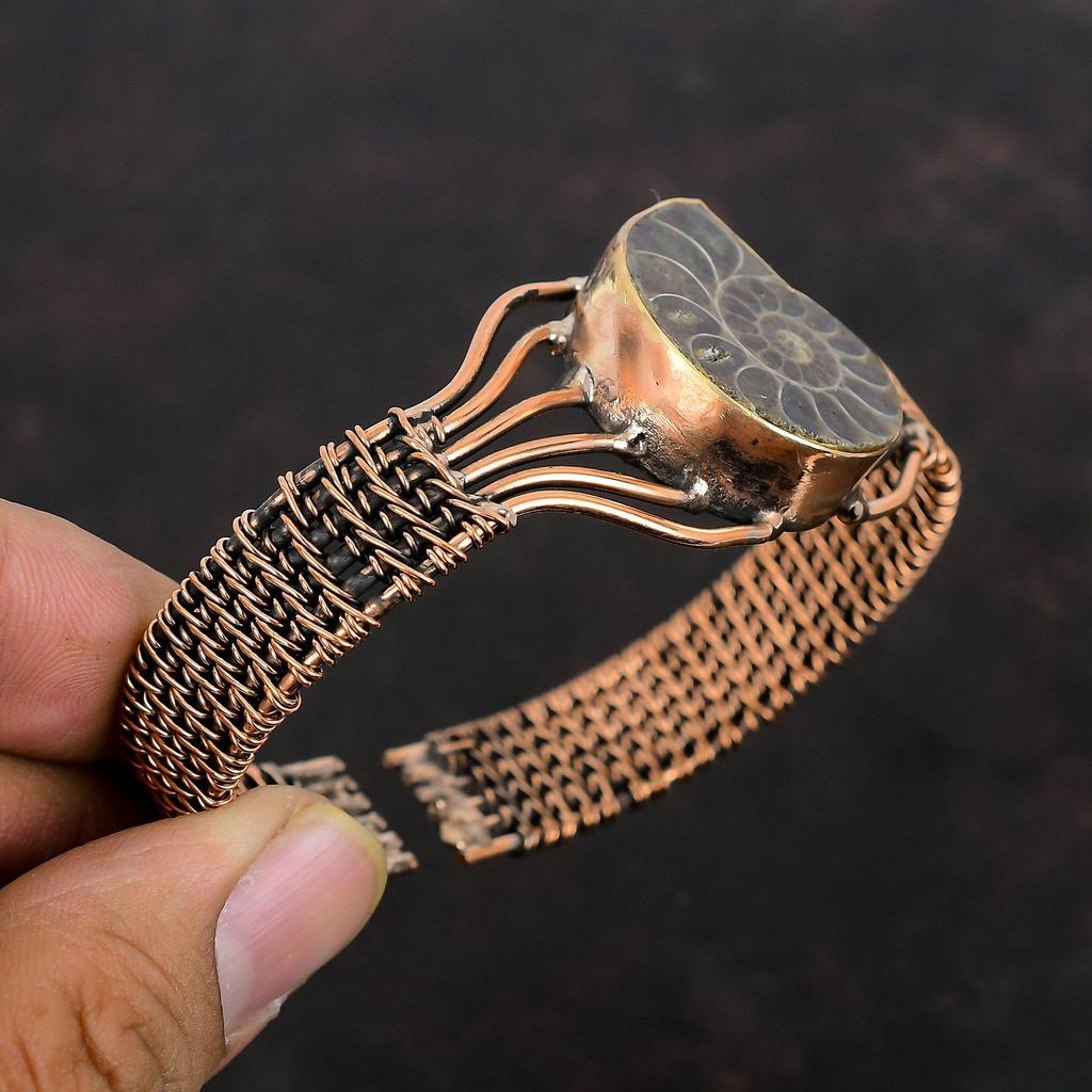 Ammonite Fossil Cuff Bracelet Copper Wire Wrapped Bangle Adjustable Handmade Bangle Ammonite Fossil Copper Jewelry Natural Gemstone Bracelet