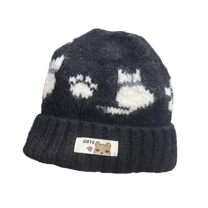Cute Cartoon Kitten Age-reducing Wool Hat for Women, Warm In Autumn and Winter, Large Elastic and Thin Knitted Hat, Casual Cold Hat