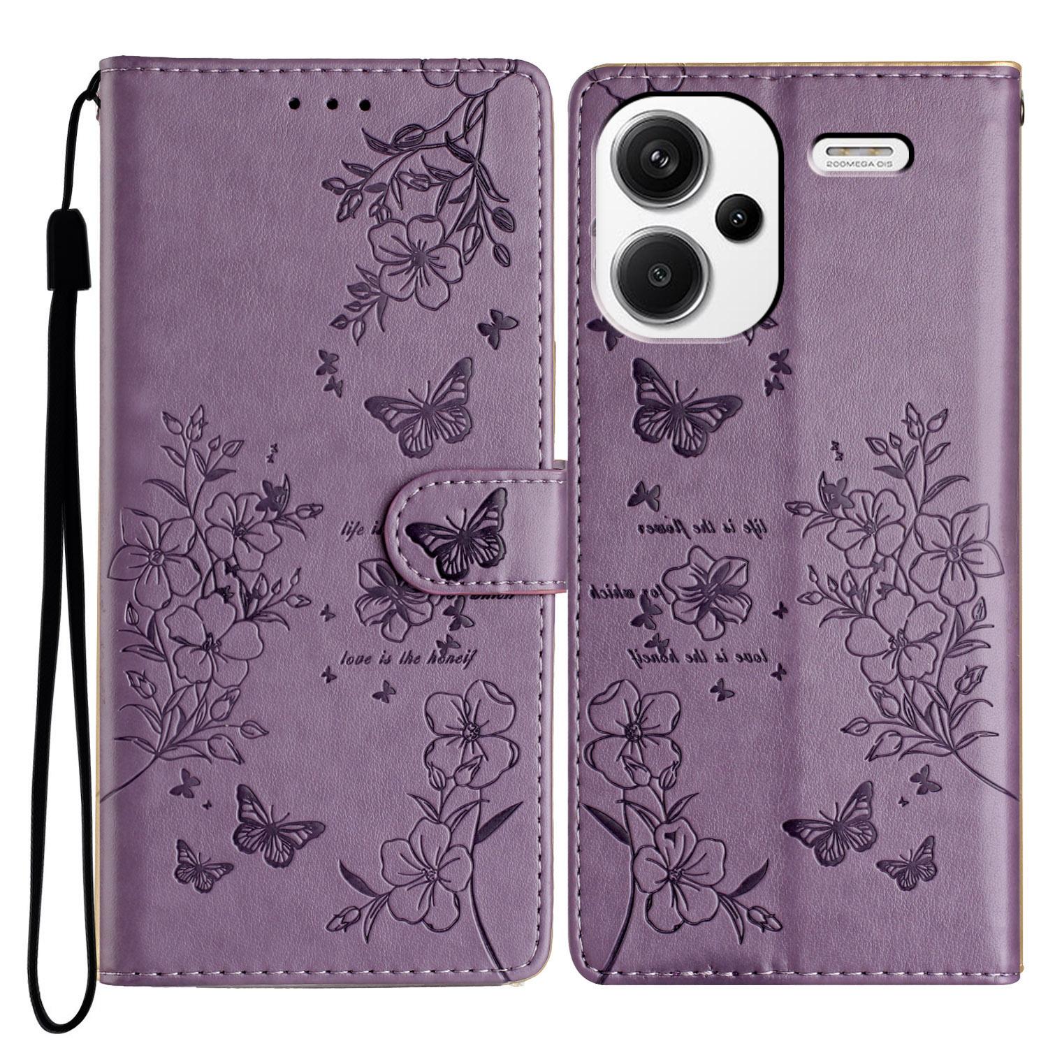

For Xiaomi Redmi Note 13 Pro+ 5G Phone Case Butterfly Floral Imprint Leather Wallet Cover Purple