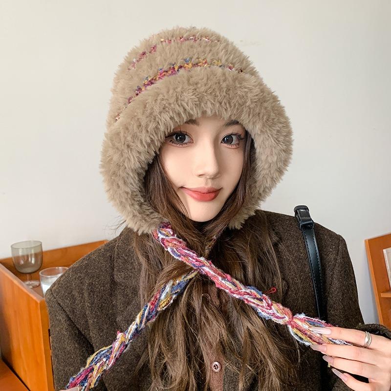 Color Striped Hat Women's Autumn and Winter Advanced Sense Windproof and Cold-proof Knitted Hat Big Head Circumference Piled Thickened Headgear