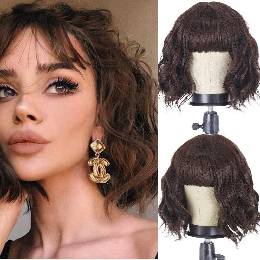 MISS WIG Women Fashion Short Wavy Wig with Bangs Synthetic Fiber Pure White Wavy Wig Cosplay Halloween Party Wear