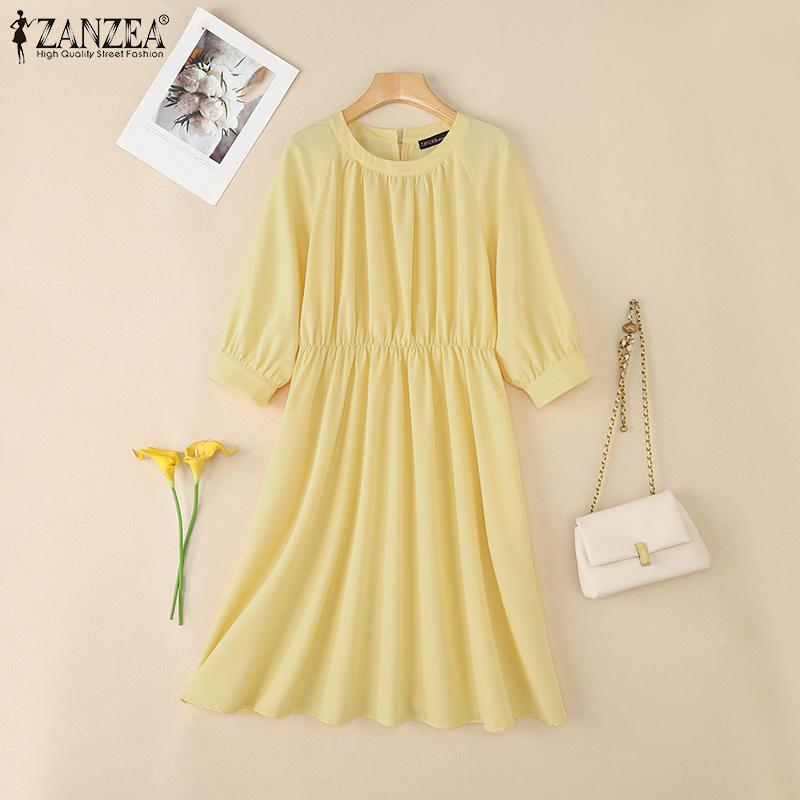 ZANZEA Women Casual Round Neck Loose 3/4 Sleeve Dress
