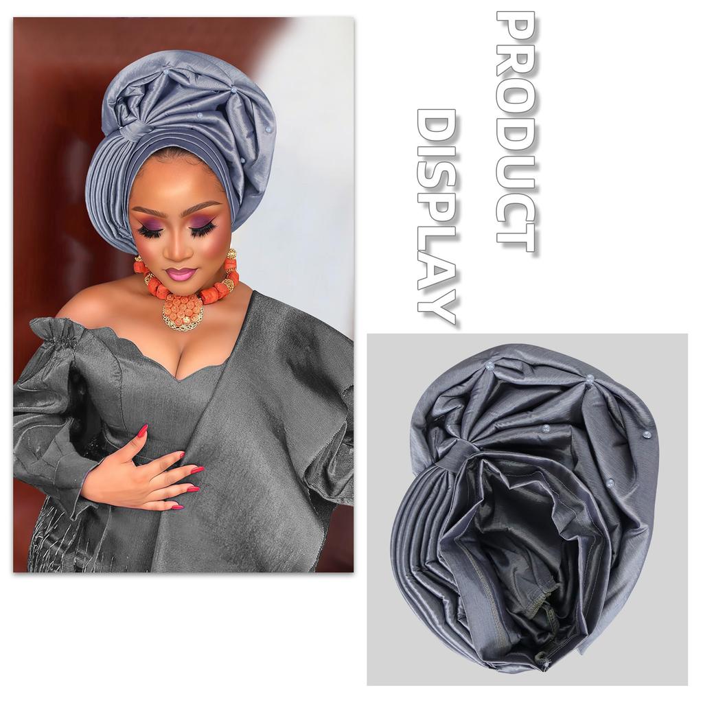 Raw Silk Turban Cap For Women African Female Head Wraps Nigeria Wedding Party Headcover Hat Ready To Wear Head Ties
