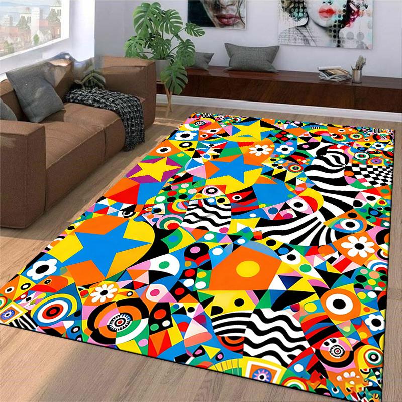 Colorful Abstract Geometric Carpet with Stars and Eye Patterns Design Suitable for Use As an Anti-slip for Living Room Bedroom Sofas