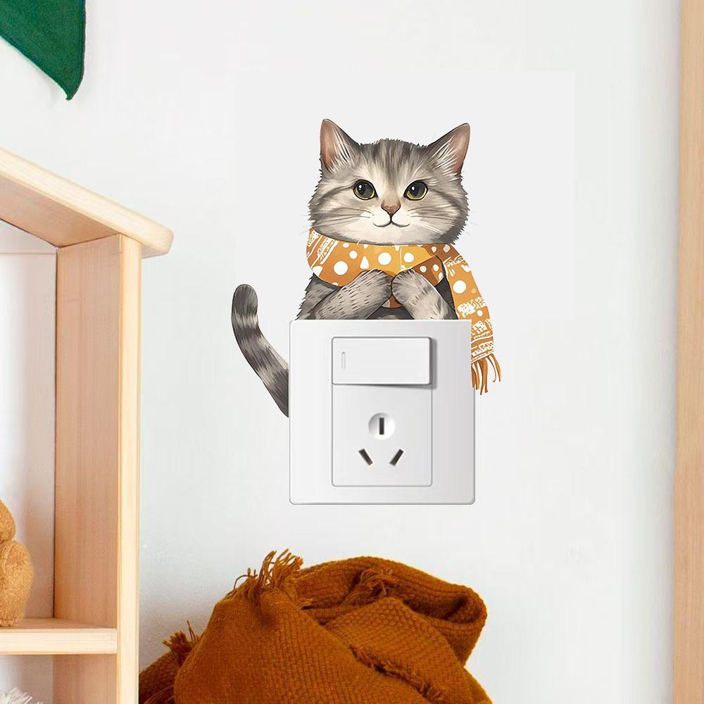 Self-adhesive Cute Cartoon Cat with Scarf Switch Stickers Waterproof for Living Room Kids Room Wall Decor Wholesale