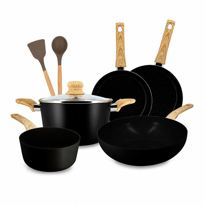 Batterie de cuisine induction - MENASTYL - Colorama Noir - Aluminium recyclé - Revetement antiadhésif - 9 pieces - Design moderne