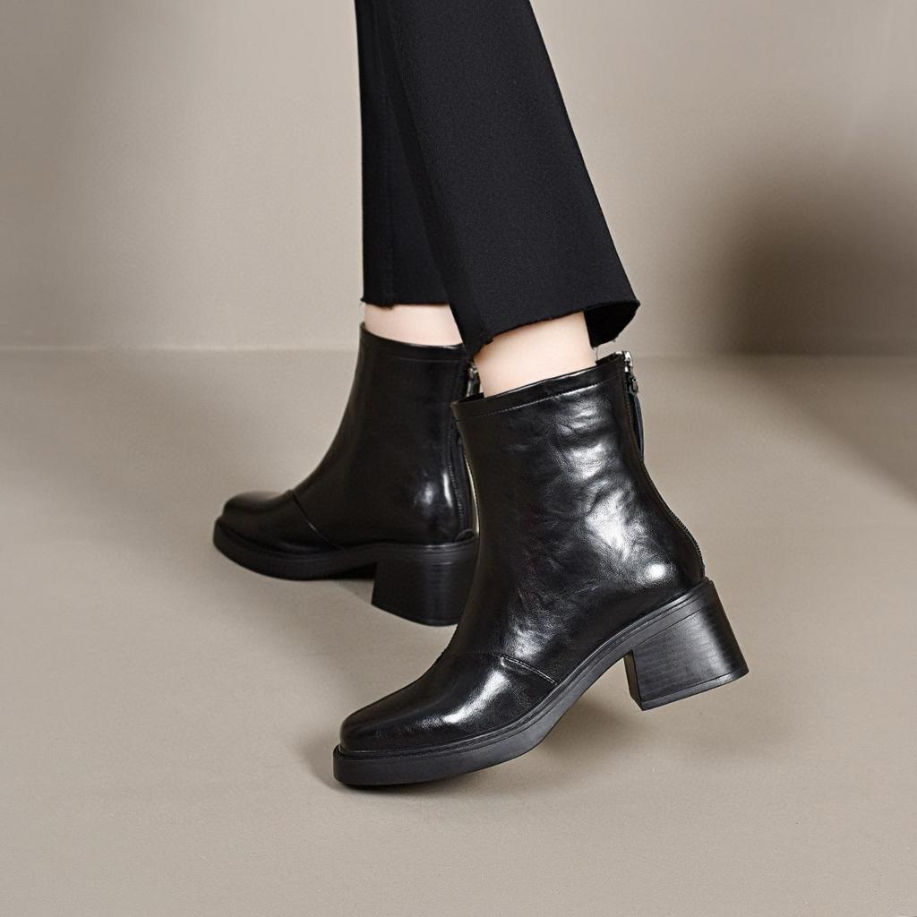 Square Head Short Boots for Women's Autumn and Winter New Rear Zipper Thick Heel Straight Boots Fashion Boots for Women