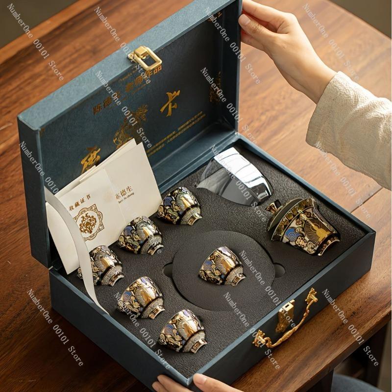 Dunhuang style black thangka heat-resistant ceramic kung fu tea bowl set with lid,gold and silver inlay high-end tea ceremony