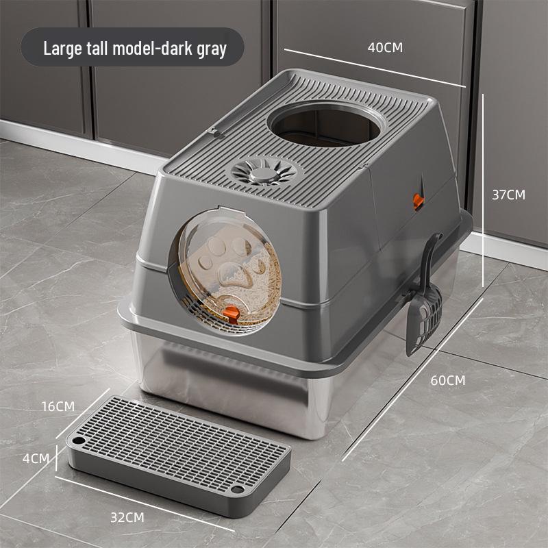 Extra-Large Enclosed Stainless Steel Cat Litter Box: Odor-Proof, Splash-Proof, Top-Entry with Flip-Top to Prevent Tracking. Complete Stainless Steel Litter Box Set