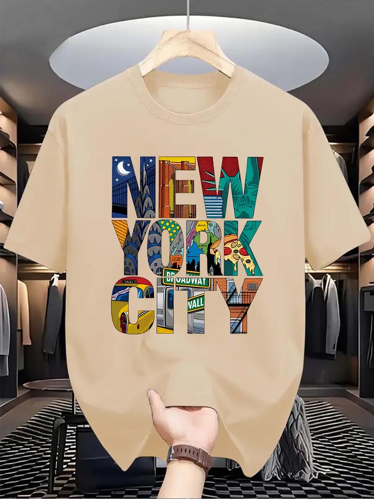 Men'S Casual Crew Neck T-Shirt with New York Letter Print, Knit Fabric, Slight Stretch, Regular Fit, Summer Short Sleeve Top