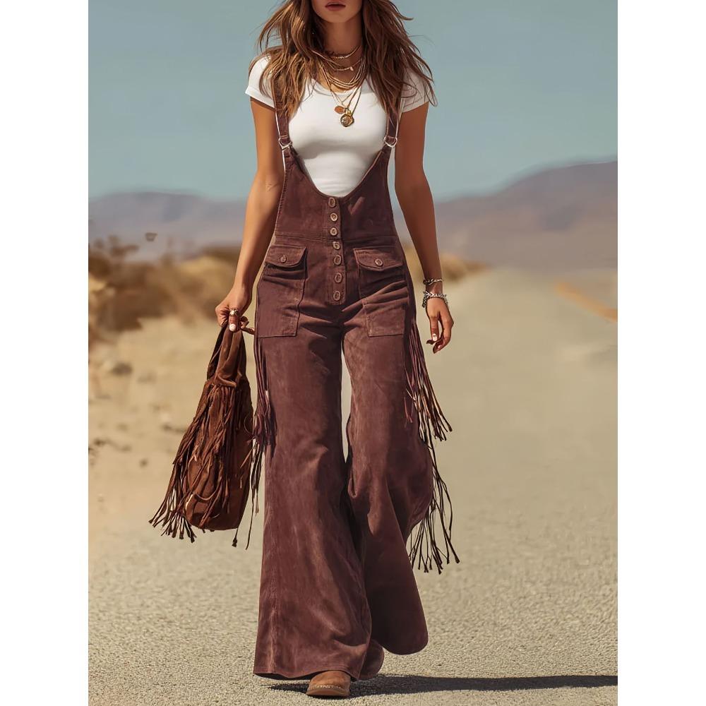 European and American women s vintage Western suede tassel wide-leg overalls, utility pants, and long pants S темно-красного