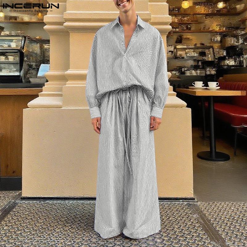 INCERUN Two Pieces Men Lapel Neck Long Sleeve Striped Shirt Long Wide Leg Pants Sets Outfits