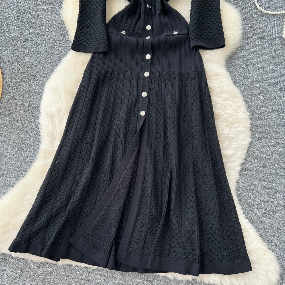 Autumn Winter Women Elegant SP Hollow Out Knitted Sweater Long Midi Christmas Party Split Dresses